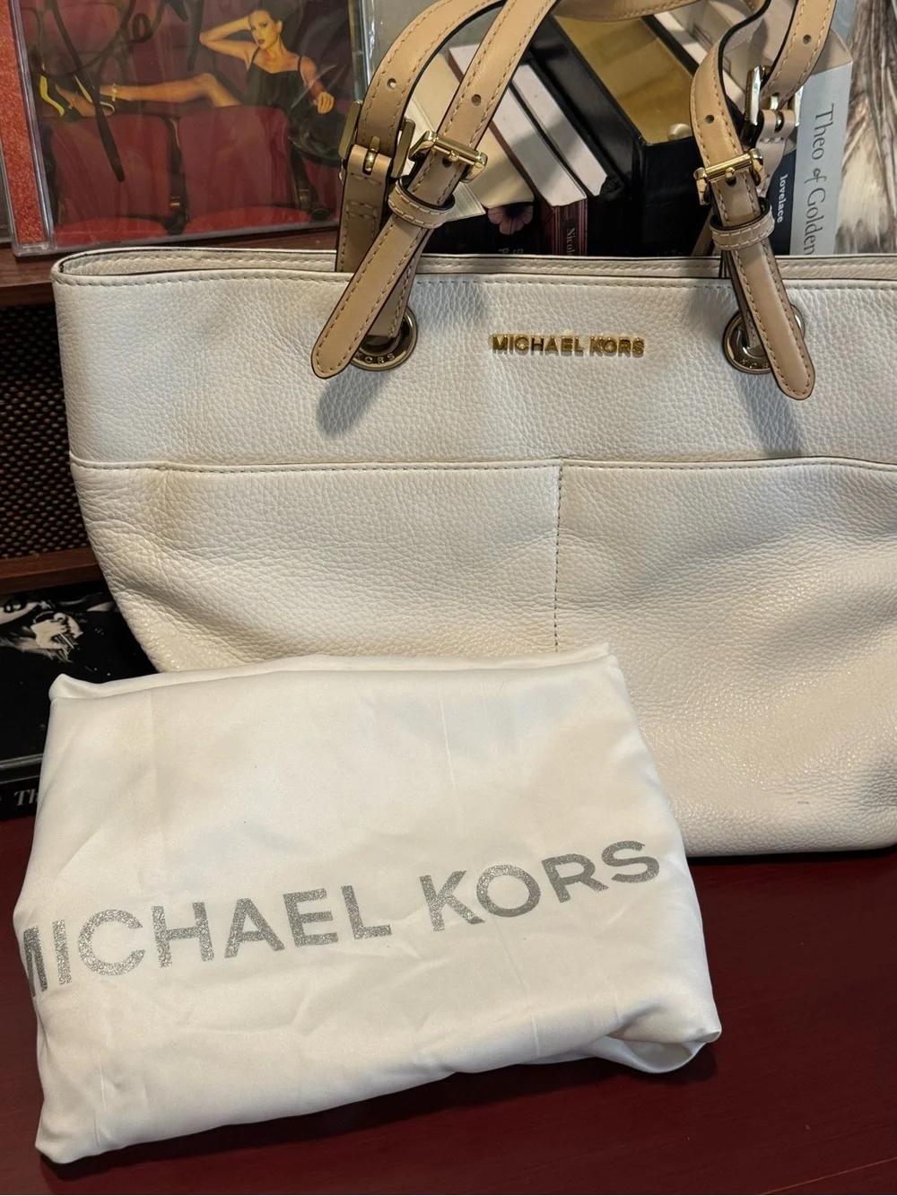 Michael Kors White Leather Bedford Tote with Tan Handles